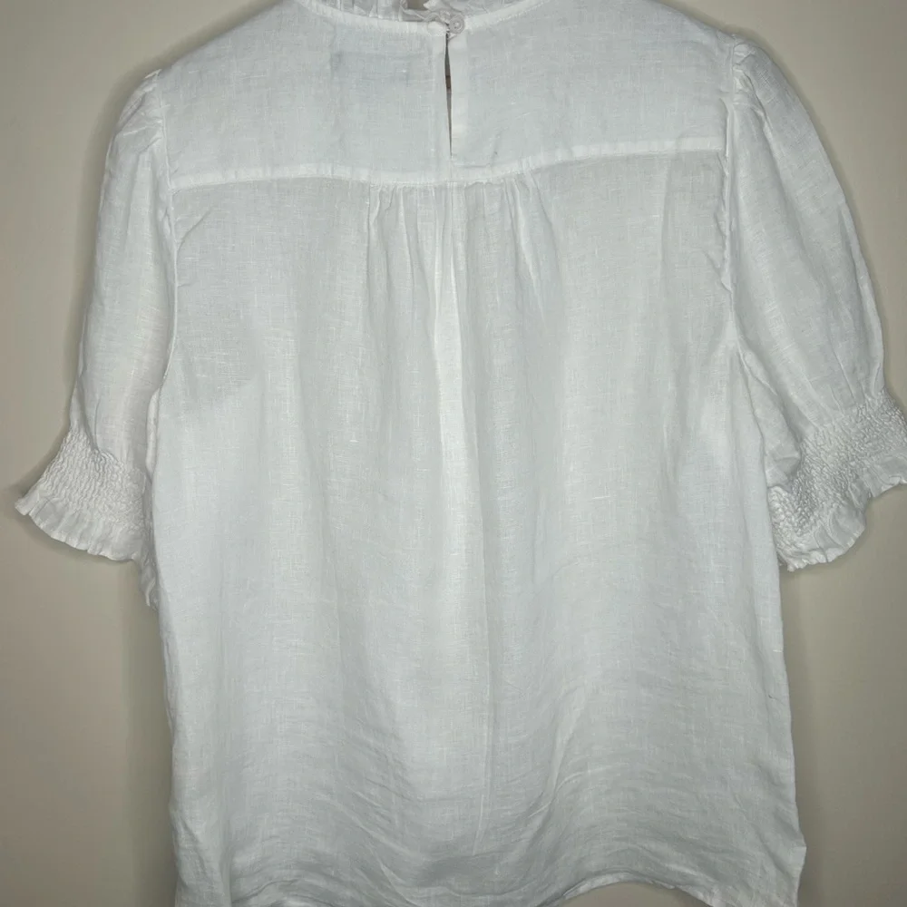 J Crew White Crisp Linen Blouse Size M High Ruffled Neck and Sleeves Romantic - Picture 6 of 8